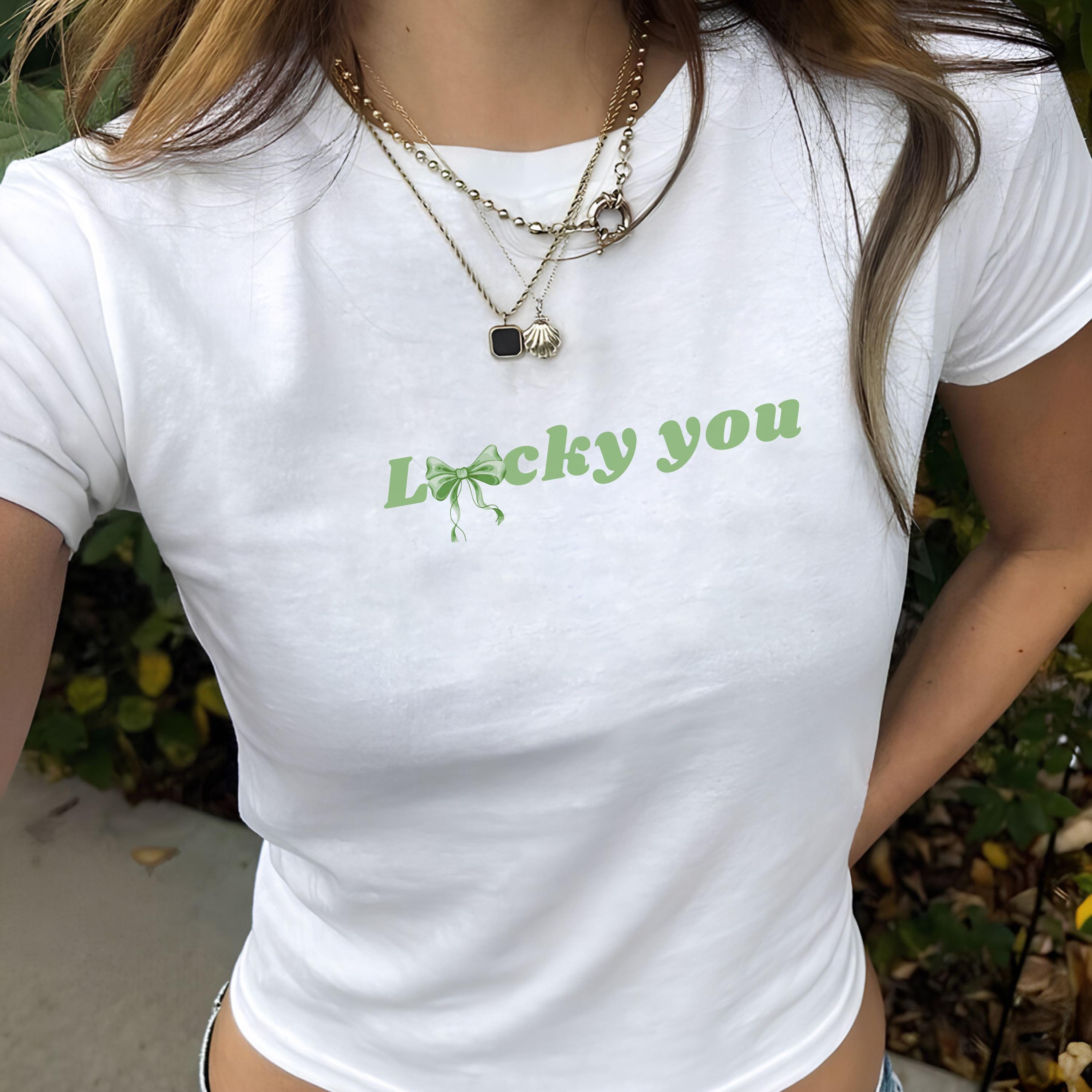 Lucky You Baby Tee, Y2K Shamrock Crop Top, Trendy Irish Lucky Shirt