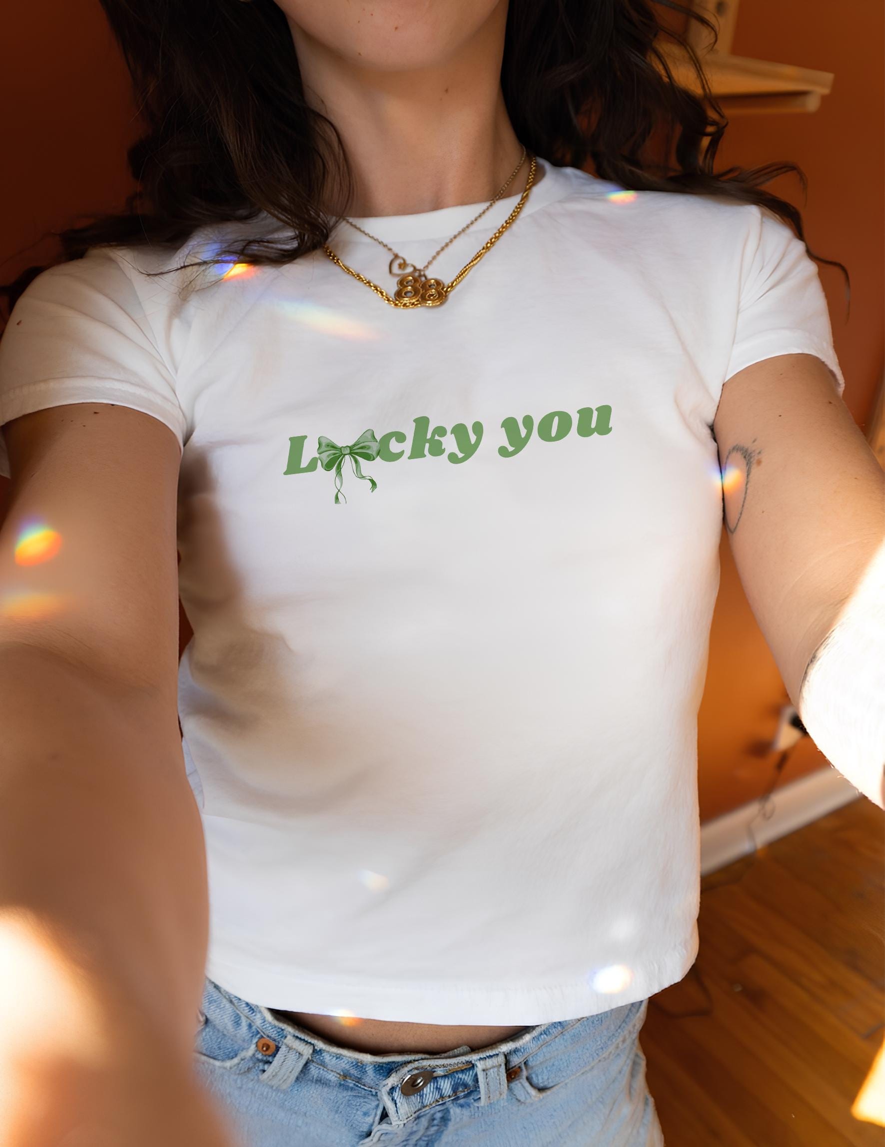 Lucky You Baby Tee, Y2K Shamrock Crop Top, Trendy Irish Lucky Shirt